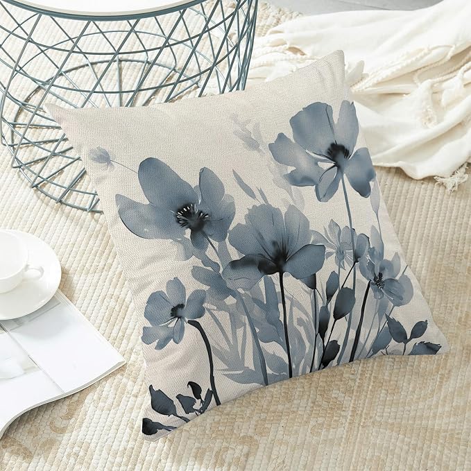 Spring Floral Pillow Covers 18x18 Inches Set of 2,Blue Floral Throw Pillow Covers Outdoor Summer Flower Decoration Pillowcase Farmhouse Decorative Square Cushion Cover For Couch Sofa Home Decor