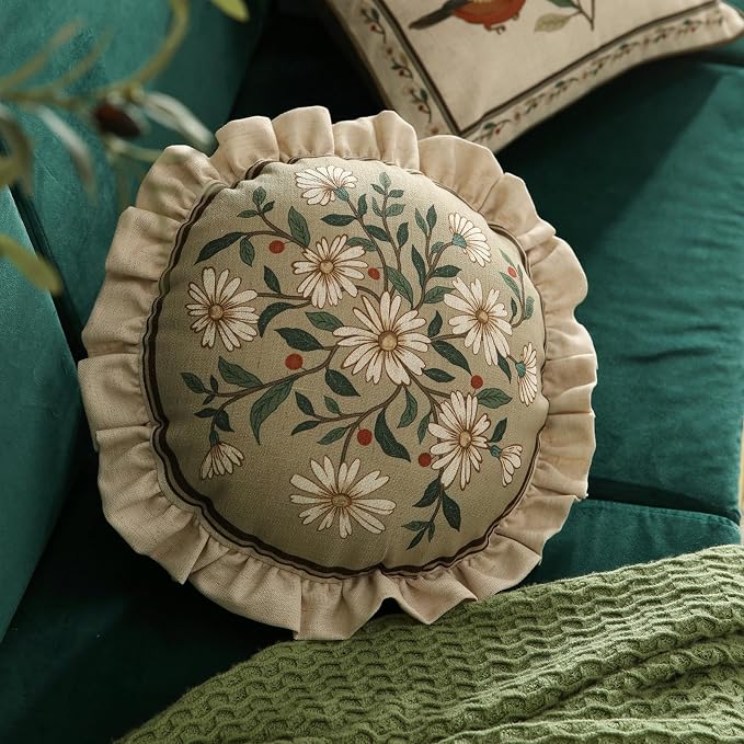 Vintage Linen Throw Pillow Cover,Set of 2,Diameter 16"-Brune C | Designer Elegant Round Pillow Cover,Concealed Zipper Design,Floral Pattern,Sofa,Bedroom,Living Room,Lounge Chairs