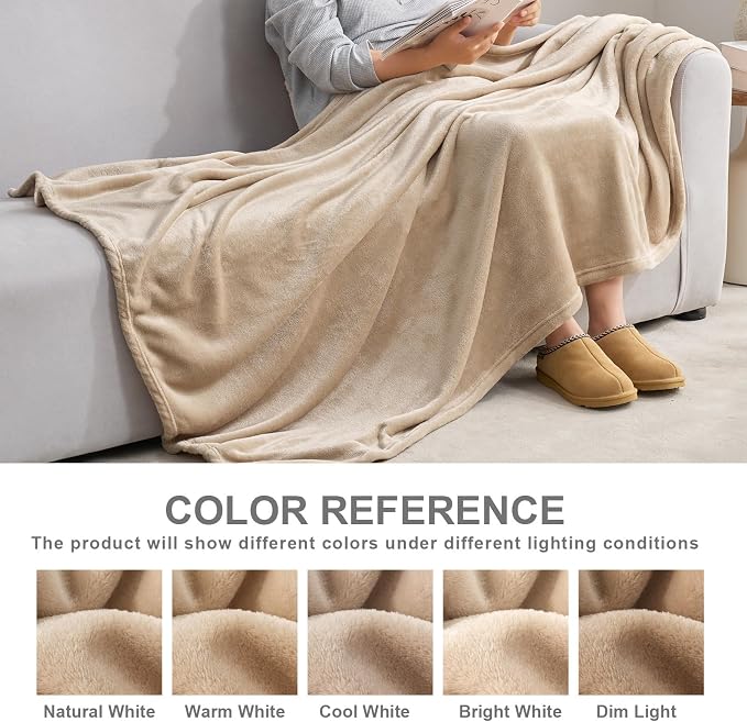 Hansleep Throw Light Camel Fleece Blanket, Soft Flannel Bed Blanket | Fuzzy Cozy Blanket 50x60 Inches, Multi-use for Bed, Sofa, Couch, Travel, Camping, All Season Warm Lightweight Cover