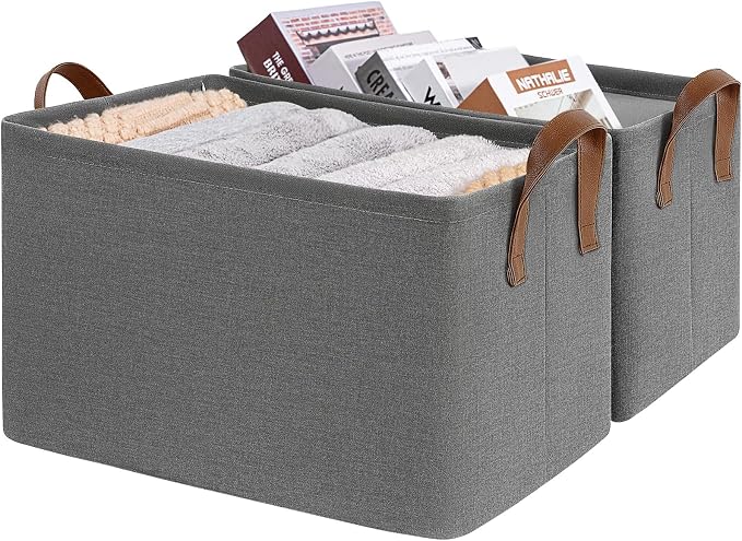 CHICVITA 45L Extra Large Storage Baskets for Shelves, 2-Pack, Grey | 19" L x 13" W x 11" H, Metal Frame, Clothes, Blankets, Toys & Household Essentials Storage, Closet & Living Room Organization