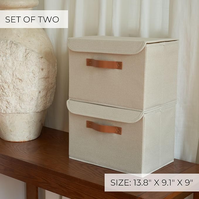 Decorative Linen Storage Boxes with Lids - Large Set of 2 Organizer Bins | The Perfect Container for Home Decor - Safely Store Photos, Documents and Memory Box Keepsakes in Style