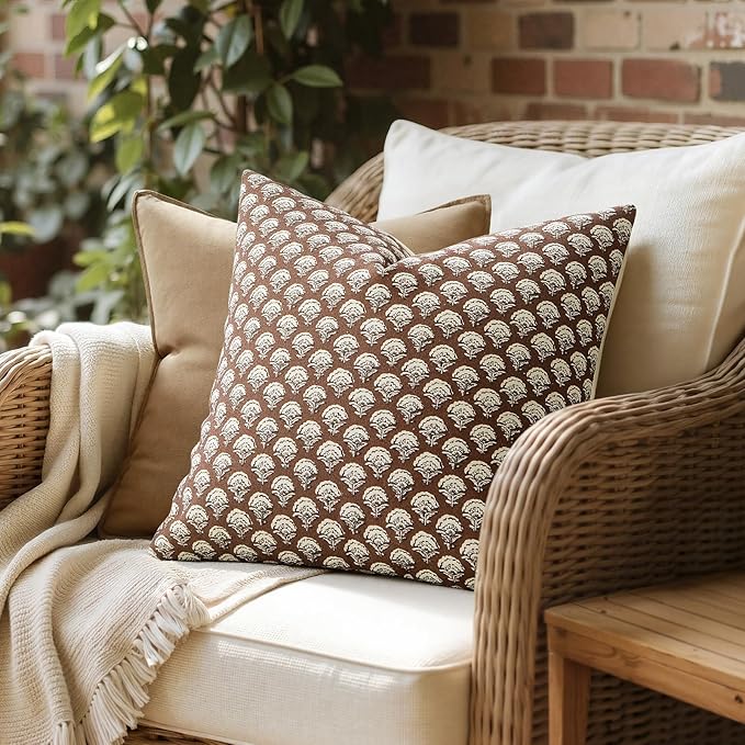 MIULEE Fall Floral Print Decorative Euro Pillow Covers 22x22, Dark Brown | Vintage Boho Farmhouse Modern Home Decor, Set of 2, Block Print Cushion Covers for Couch Sofa Bed Living Room
