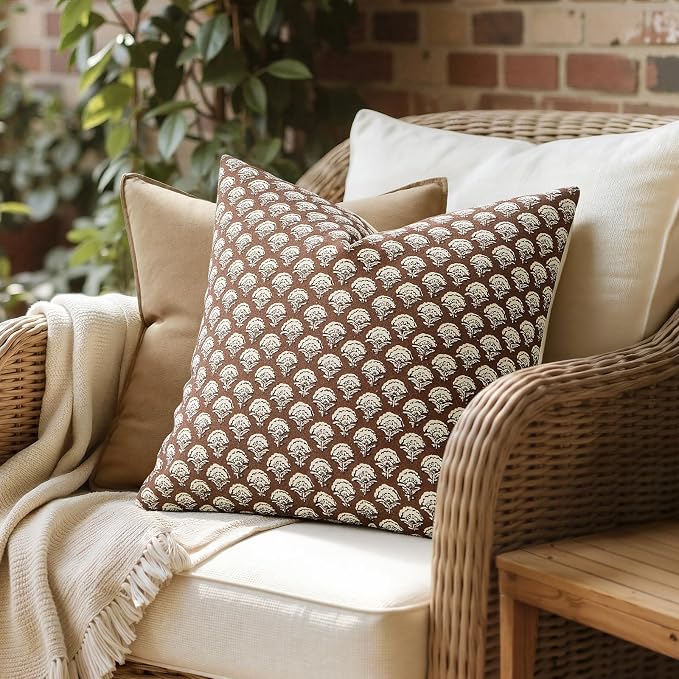 MIULEE Fall Floral Print Decorative Pillow Covers 20x20, Dark Brown | Vintage Boho Farmhouse Modern Home Decor, Set of 2, Block Print Cushion Covers for Couch Sofa Bed Living Room