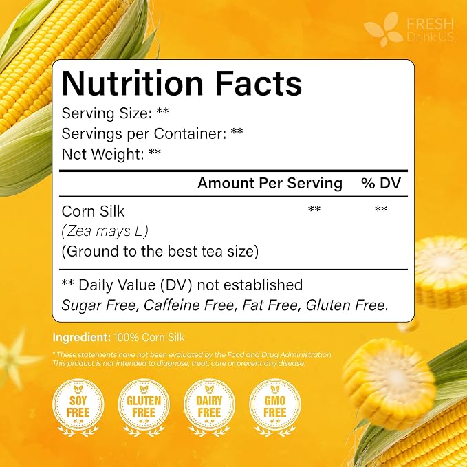 FreshDrinkUS, Premium 10 Tea Bags Corn Silk Tea, 100% Natural & Pure from Corn Silk. Herbal Tea. Clean Ingredients. Made with Natural Material Tea Bags. No Sugar, No Caffeine, Vegan.