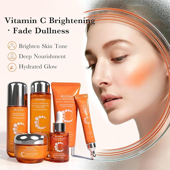 6-Piece Vitamin C Skincare Set for Women, Brightening Face Routine Kit with Lotion & Cream, Anti-Aging & Hydrating Valentine's Gift for Mom, Wife & Her