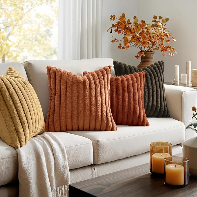 MIULEE Fall Rust Orange Faux Fur Plush Decorative Throw Pillow Covers18x18 | Set of 4, Striped, Soft Boho Farmhouse Vintage, Rustic Cozy Home Decor, Cushion Cases for Sofa Couch Bed Living Room
