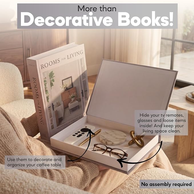 Decorative Books for Home Decor with Storage – Set of 2 Faux Linen Book Boxes with Aesthetic Covers – Enhance Your Coffee Table, Bookshelf Decor – Hidden Storage for Photos, Keepsakes, and Jewelry