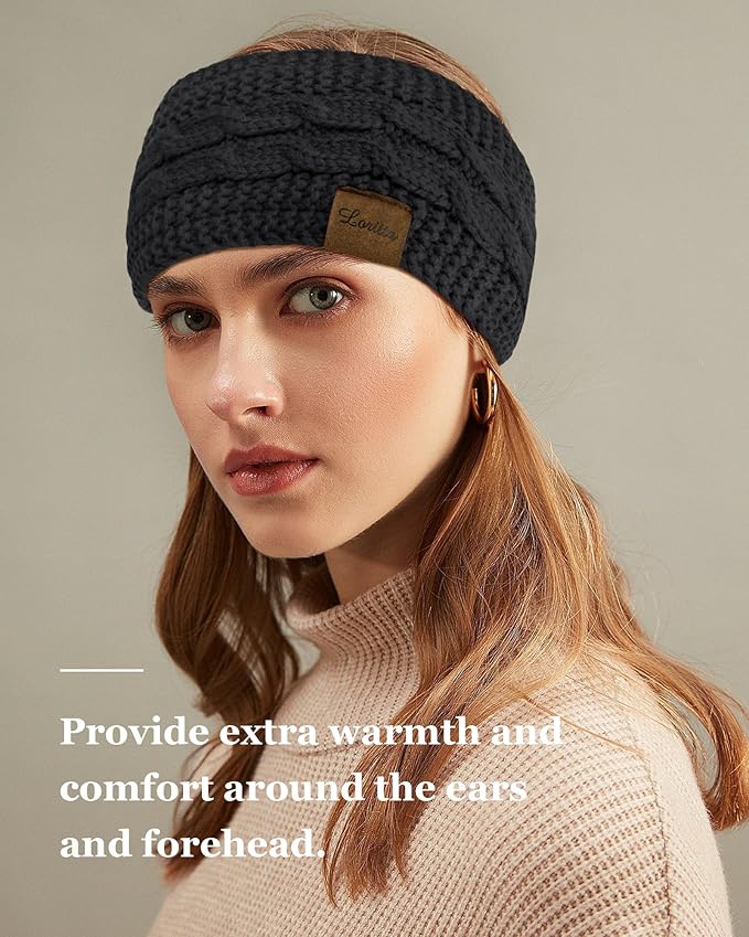 Loritta 2 Pack Headbands for Women Winter Warm Cable Knit Ear Warmer Thick Head Wrap Fuzzy Fleece Lined Gifts