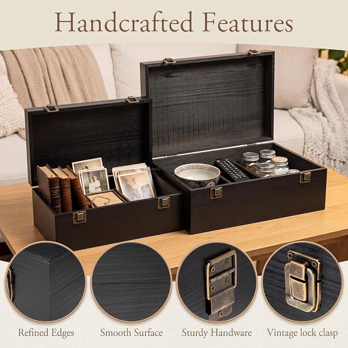 Sliner 2 Pcs Wooden Decorative Storage Boxes with Lids Vintage Wood Organizer Bins for Your Bookshelf Home Decor Safely Store Photos Documents Memory Jewelry Craft Storage (Glossy Black,S M Size)