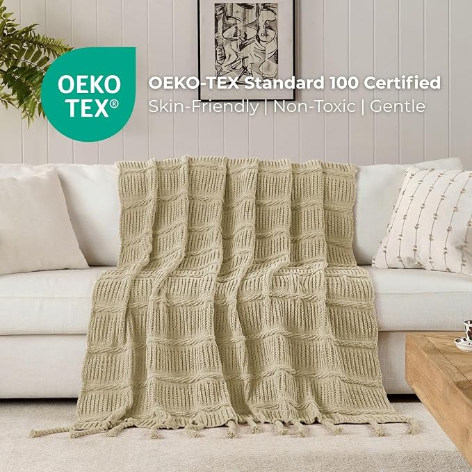 Boho Knitted Chenille Blanket with Tassels - Lightweight & Soft All-Season Throw - 3D Classic Pattern for Living Room Bedroom Couch, Sandy Beige, Throw 50"x60"