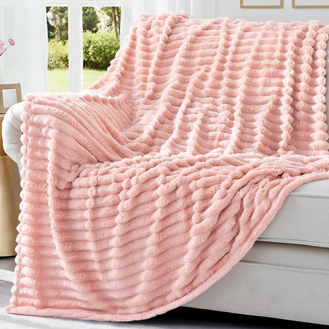 decorUhome Pink Fleece King Blanket 108x90 Inches | Soft Fleece Bed Cozy Fluffy Plush Flannel Large Striped Throws for Couch Sofa, Decorative Fuzzy Blanket for Woman