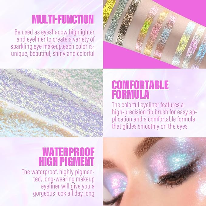 Multichrome Liquid Eyeshadow Set,3PCS Multi-Dimensional Fairy Makeup,High Pigment Waterproof Aurora Eye Shadow,Ultre Fine Tip Glitter Eyeliner (01 Aurora+02 Twilight+03 Moonbow)