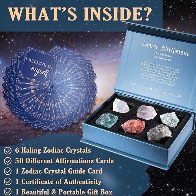 Faivykyd Cancer Zodiac Crystals Gifts for Women, 6 Zodiac Cancer Healing Stones w/ 50 Miracle Mantras Affirmation Cards, Spiritual Astrology Gifts for Promoting Positive Energy, Self-Care & Love