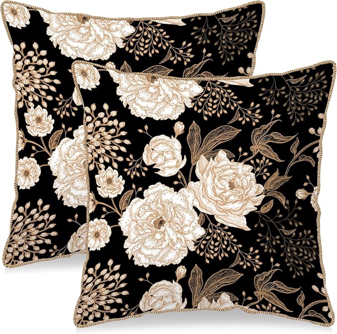 KSLIDS Vintage Peony Roses Floral Soft Velvet Throw Pillow Covers Set of 2 White Roses Flower Bloom Leaves Decorative Pillow Covers 16x16 Inch Black Gold Cream Pillow Case for Sofa Couch Home Decor