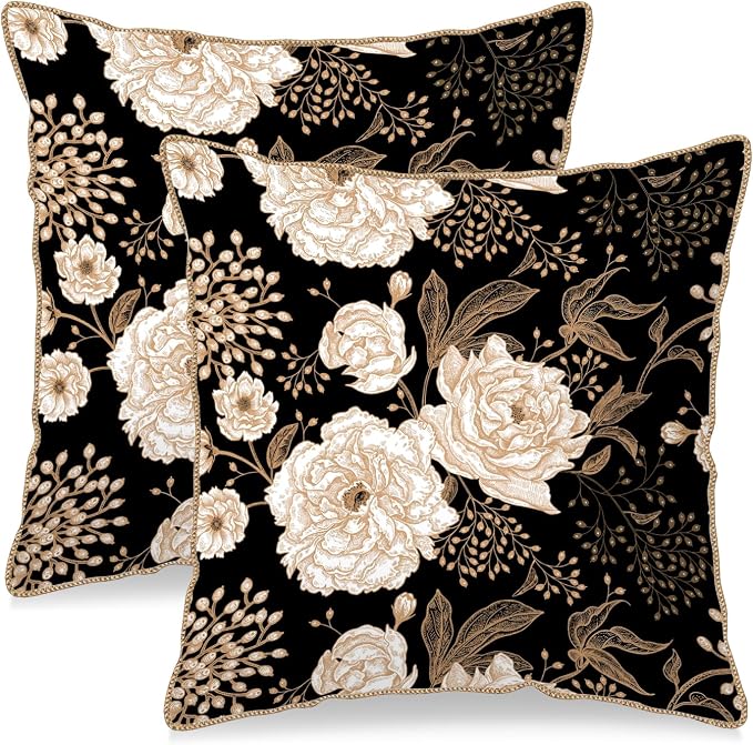 KSLIDS Vintage Peony Roses Floral Soft Velvet Throw Pillow Covers Set of 2 White Roses Flower Bloom Leaves Decorative Pillow Covers 20x20 Inch Black Gold Cream Pillow Case for Sofa Couch Home Decor