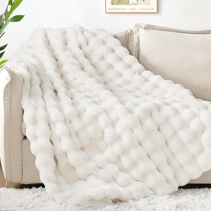 Luxury 1000GSM Rabbit Faux Fur Blanket, Super Heavy Warm Cozy Brown Blankets for Couch Bed Sofa, Ruched Plush Fuzzy Elegant Soft Reversible Mink Blanket for Living Room Bedroom, 90" x 90"