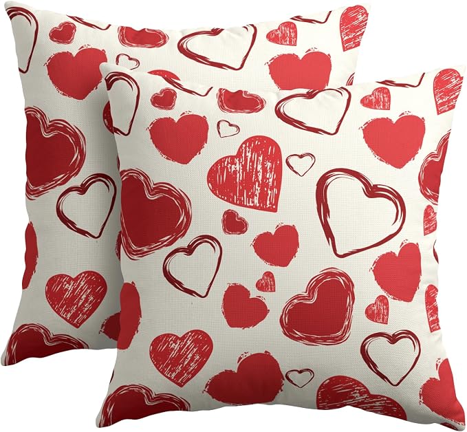 Kawani Red Love Hearts Pillow Covers 18x18 Inches, Set of 2 Valentines Day Romantic Wedding Bridal Decorative Pillowcases Cotton Linen Cushion Case for Couch Sofa Bed Room Home Decor