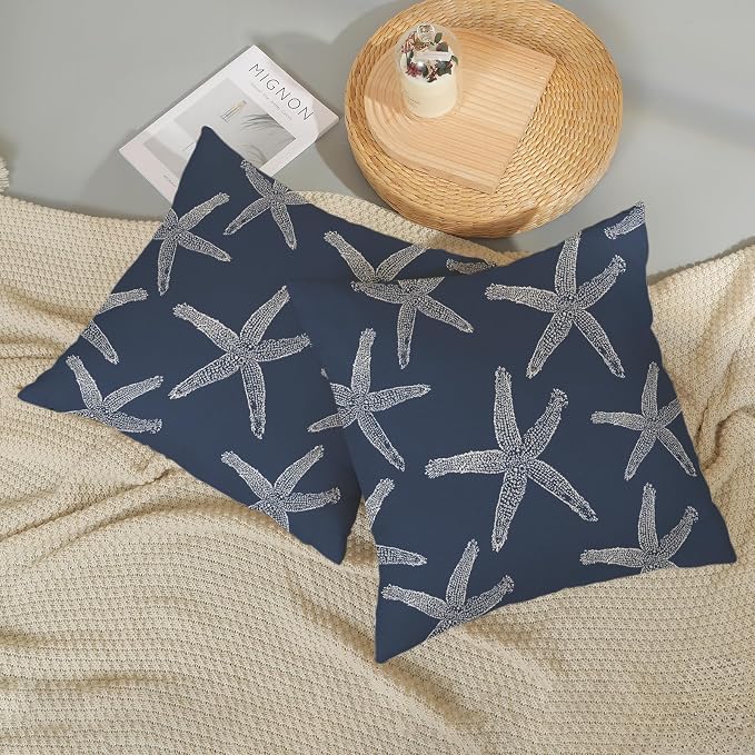 Navy Blue Starfish Pillow Covers 18x18 Inch Set of 2 Coastal Throw Pillows Summer Nautical Ocean Theme Decorations Beach Pillowcase Linen Outdoor Decor Farmhouse Cushion Case for Home Bedroom