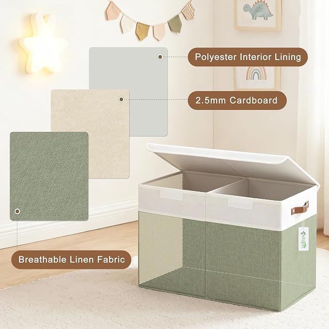 Large Toy Storage Box with Lids, Collapsible Sturdy Baby Storage Organizer Chest Bin Basket for Kids, Boys, Girls, Playroom, Nursery, Bedroom, Closet 25"x13"x16" (Green and White)