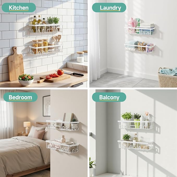 Veken 6-Pack Rustproof&Waterproof Shower Caddy, Adhesive Shelves Rack with Soap Holder, Large Bathroom & Washroom Organizer, No Drilling Wall-Mounted Kitchen&Home Decor,Ideal for Bathtub Storage,White
