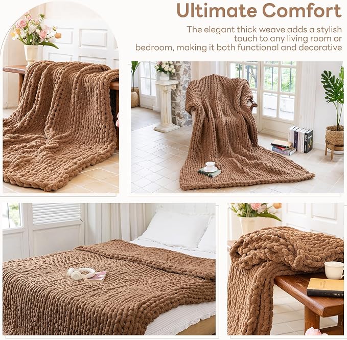 Chunky Knit Blanket - Luxury Soft Cozy 50 * 60 Throw Blanket,100% Woven Blanket Rope Knot Throw Blanket for Couch, Sofa, Home Decor, Gift - Machine Washable (Brown, 50 * 60)