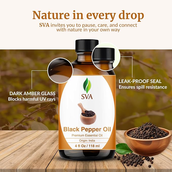 SVA Black Pepper Essential Oil 4 Fl Oz – for Diffuser, Skin & Hair Care – Ideal for Massage & DIY Blends - with Dropper