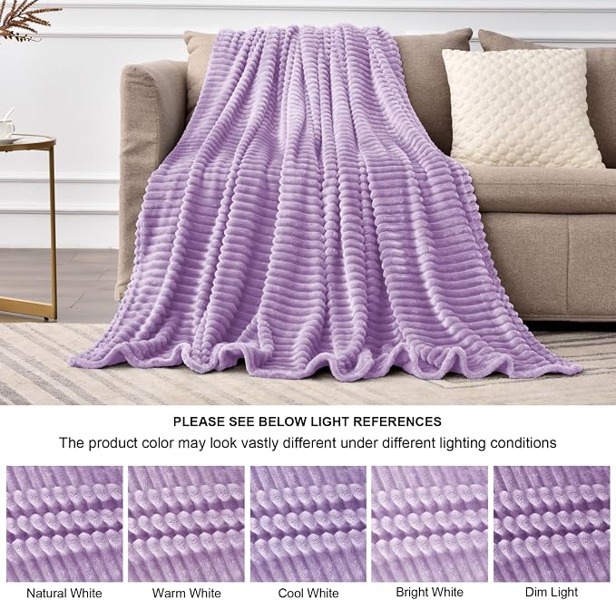 BEDELITE Ribbed Jacquard Lavender Fleece Twin Blanket for Bed, 60x80 Inch | Soft Warm Decorative Fluffy Blanket, Cozy Plush Lightweight Fuzzy Throw Blanket for Couch Sofa Room Decor, Gift for Women