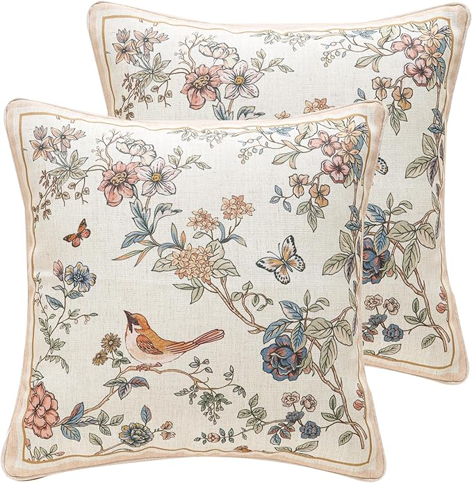 Designer Linen Throw Pillow Cover,Set of 2,18"x18"-Cornucopia A | Elegant French Square Pillow Cover,Concealed Zipper,Floral and Bird Pattern,Sofas,Bedroom,Living Room,Lounge Chairs