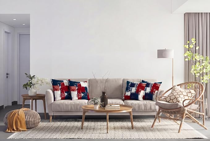 Throw Pillow Covers, Red White Blue Abstract, 18x18 | Red, Navy & White Patriotic Cushion Cases, 4th of July accent pillowcases for sofa, living‑room & porch