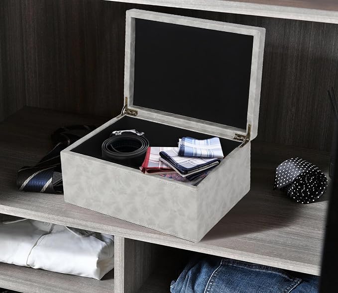 HofferRuffer Faux Leather Decorative Box, Large Wooden Structure Keepsake Box Accessory Organizer Jewelry Organizer with Hinged Lid, Storage Container for Home or Office (Grey)