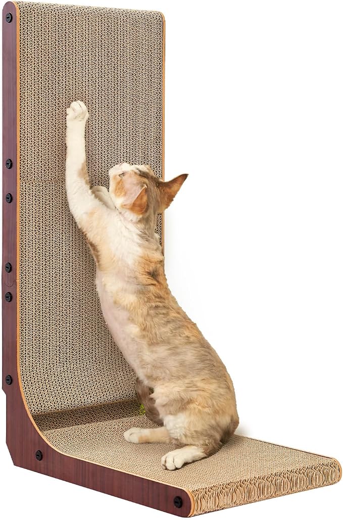 EHEYCIGA Cardboard Cat Scratcher for Indoor Cats, 26.8 Inch, Dark Brown | L Shaped Scratching Post, Vertical Cat Scratching Board with Ball Cat Toy, Furniture Protector, Large Cat Scratch Pad