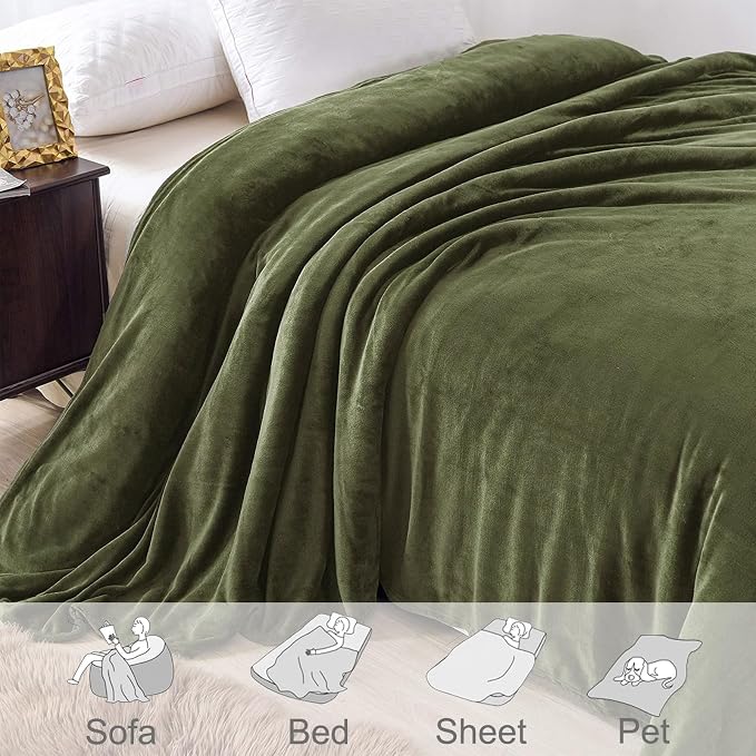 Exclusivo Mezcla Soft Fleece Blanket King Size for Bed, Olive Green | 104x90 Inches, Double-Sided Brushed Flannel, Lightweight Plush Cozy Blanket for Home Decor, All Season, Machine Washable