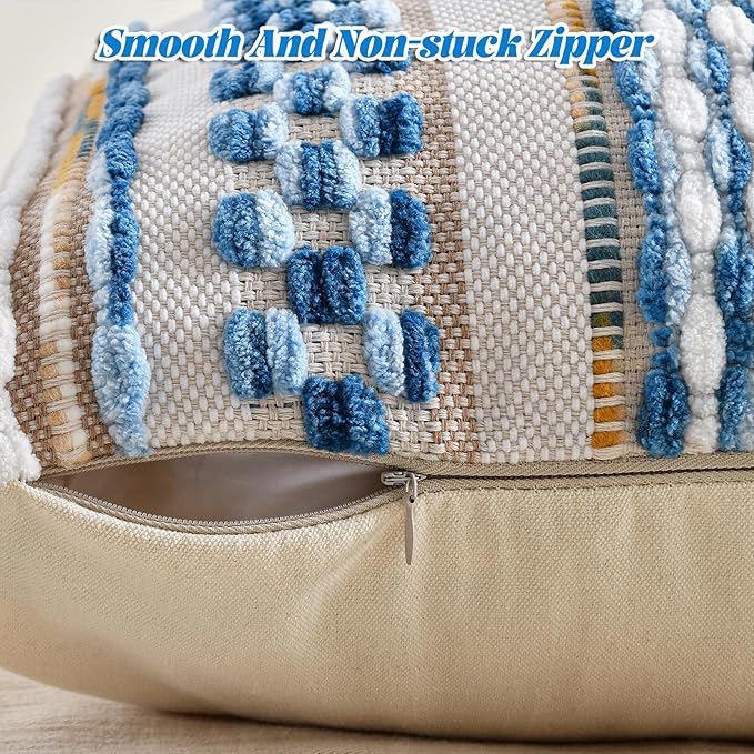 Set of 2 Chenille Striped Textured Boho Throw Pillow Covers Aesthetic with Tassels Woven Decorative Pillow Case for Couch Bed Sofa Bedroom Modern Funky 18 x 18-Inch Sky Blue