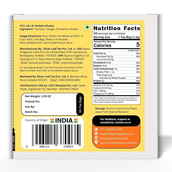 Goodwyn Turmeric Ginger Cinnamon Tea, 30 Tea Bags | Herbal Spice Blend | Caffeine Free | Plastic Free Bags | Warming Infusion, 100% Natural Ingredients