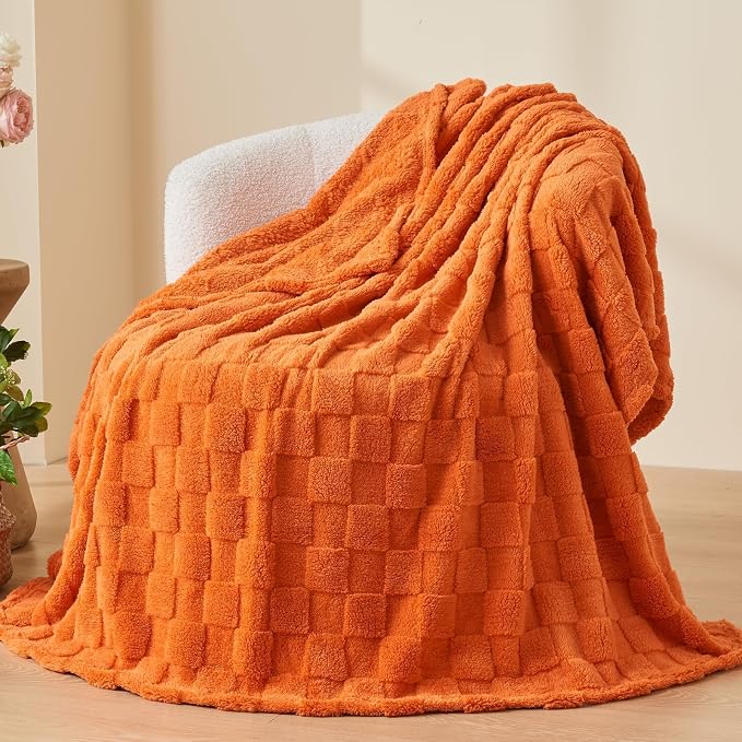 NEWCOSPLAY 3D Checkered Flannel Throw Blanket, Orange Checkered, 50"x70" | Super Soft Cute Lightweight Decorative Premium Silky Fleece Blanket for Couch Sofa Bed, Gift for Women Men, All Season Use