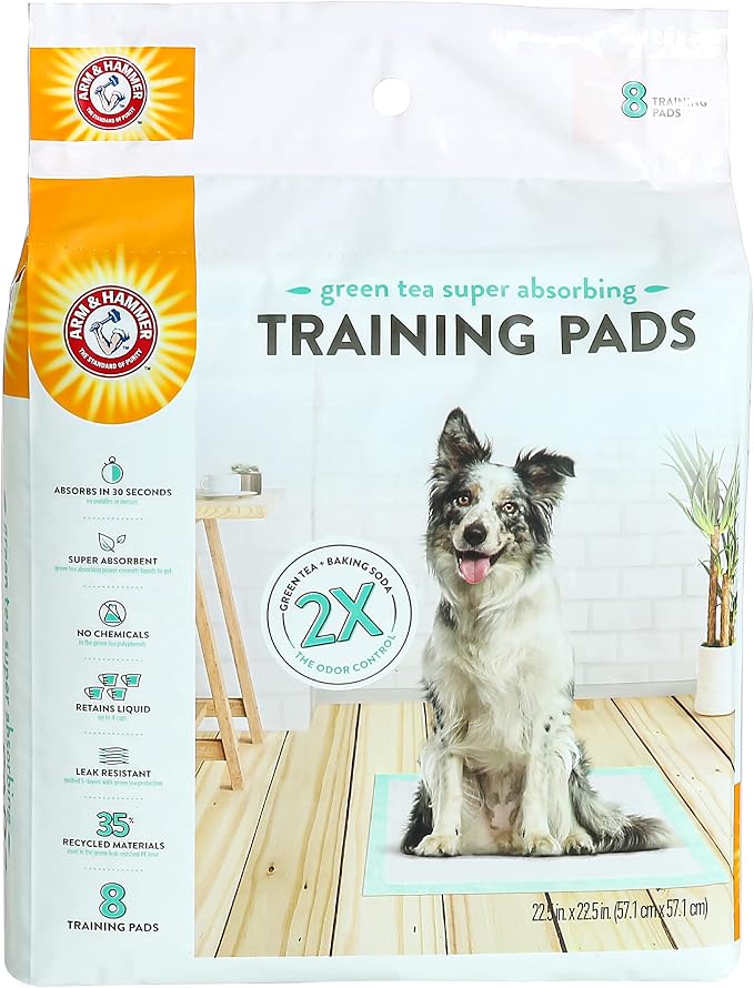 Arm & Hammer Green Tea Pet Training Pads, 8 Count | Super absorbent, baking soda infused, 2x odor control, 5-layer leak-proof design, 22.5 x 22.5 in, daily