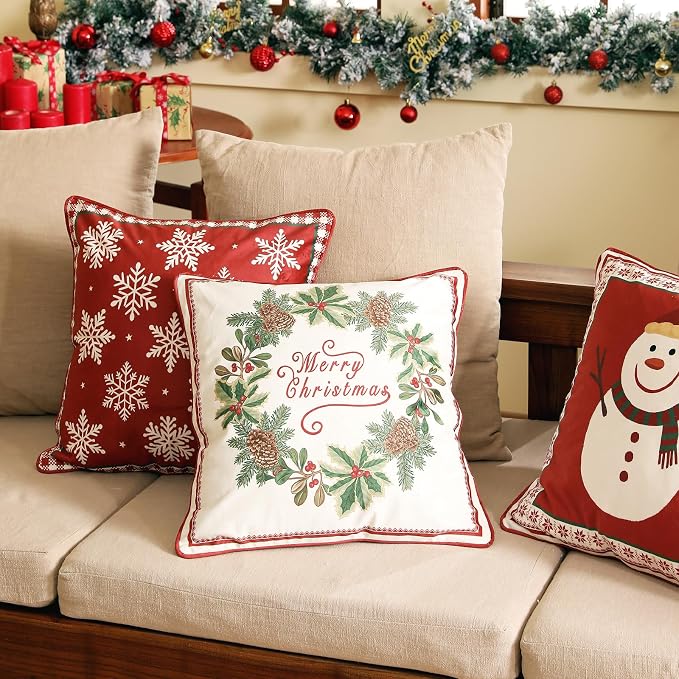 French Chrismas Velvet Throw Pillow Cover,Set of 2,18"x18"-Carol A | Vintage Square Pillow Cover,Concealed Zipper Design,Pinecones Pattern,Sofas,Bedroom,Living Room,Lounge Chairs,Decor