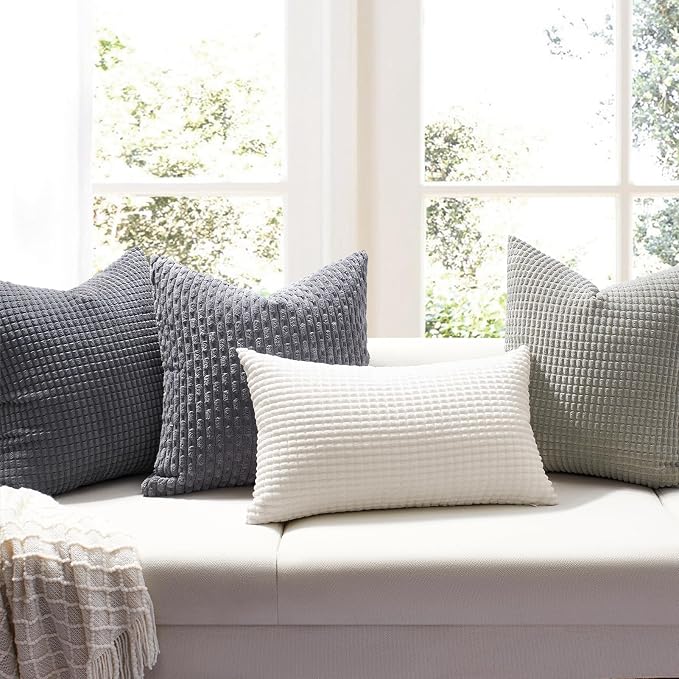 Softalker Corduroy Decorative Throw Pillow Covers 20x20, 2 Pack, Dark Grey | Soft Boho Striped Pillow Cases, Couch Fluffy Cushion Covers for Farmhouse Home Decor Bed Living Room