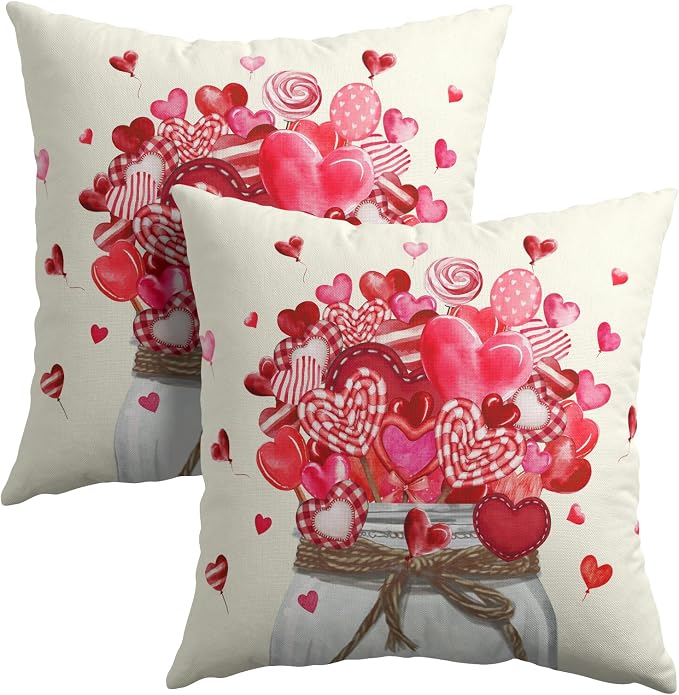 Kawani Valentine's Day Throw Pillow Covers 18x18 Inch Set of 2 Red Love Hearts Lollipops Mason Jar Romantic Pillowcase Cotton Linen Square Cushion Case for Wedding Anniversary Date Decor