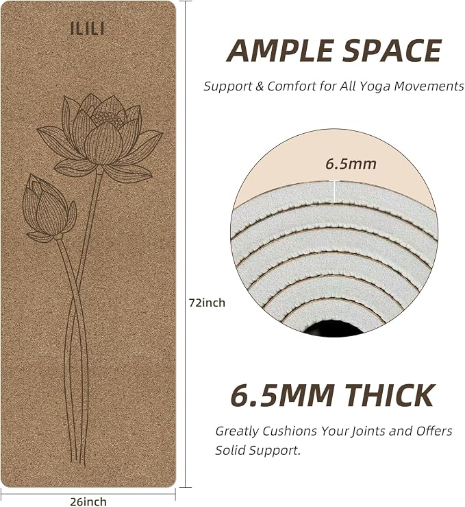 ILILI Eco-Friendly Cork Yoga Mat 1/4 inch Thick, 72''L*26''W, Non Slip Lightweight Cork and TPE Soft Exercise & Fitness Mat, Ideal for All Types of Yoga, Home, Gym & Studio Workouts