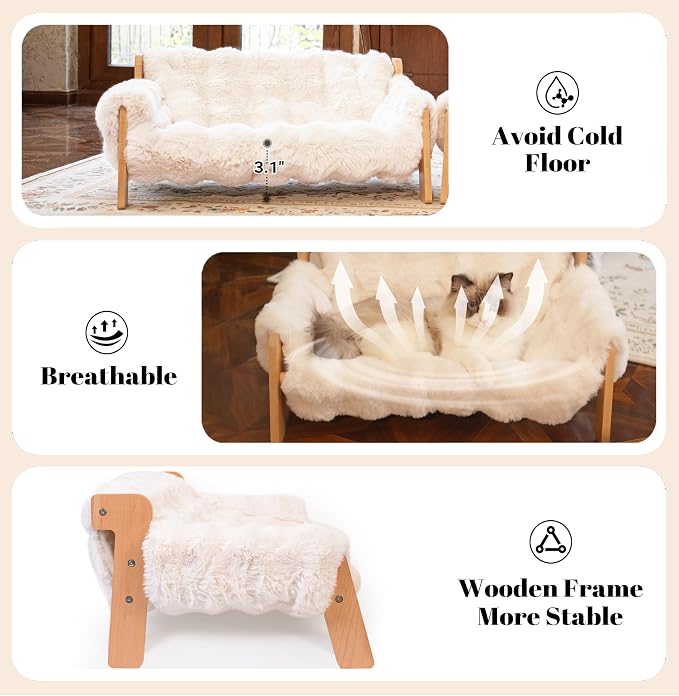 Elevated Cat Couch Bed Wooden Raised Kitty Sofa Lounge Chair | Washable Fluffy Cover Wooden Elevated Pet Furniture for Indoor Cats and Puppy(White)