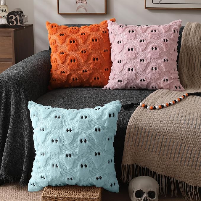 DFXSZ Halloween Pillow Covers 20x20 inch 2Pcs Blue Ghost Halloween Decor | Halloween Decorations Set of 2 Throw Pillow Cases Plush Faux Fur Wool Cushion for Chair Sofa Bedroom Living Room Home Decor