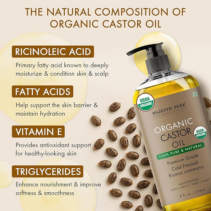 Majestic Pure Oil - 100% Pure and Natural- Cold Pressed & Hexane Free Natural Hair Growth Oil for Eyelashes, Eyebrows, Skin, Body, Face, Nails & Scalp - Organic Castor Oil 8 Fl Oz with Reusable Wraps