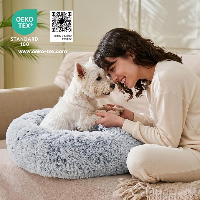 JOLLYVOGUE 23" Dog & Cat Bed, Calming Anti-Anxiety Pet Bed for Small Dogs, Fluffy Donut Cushion for Small and Medium Pets