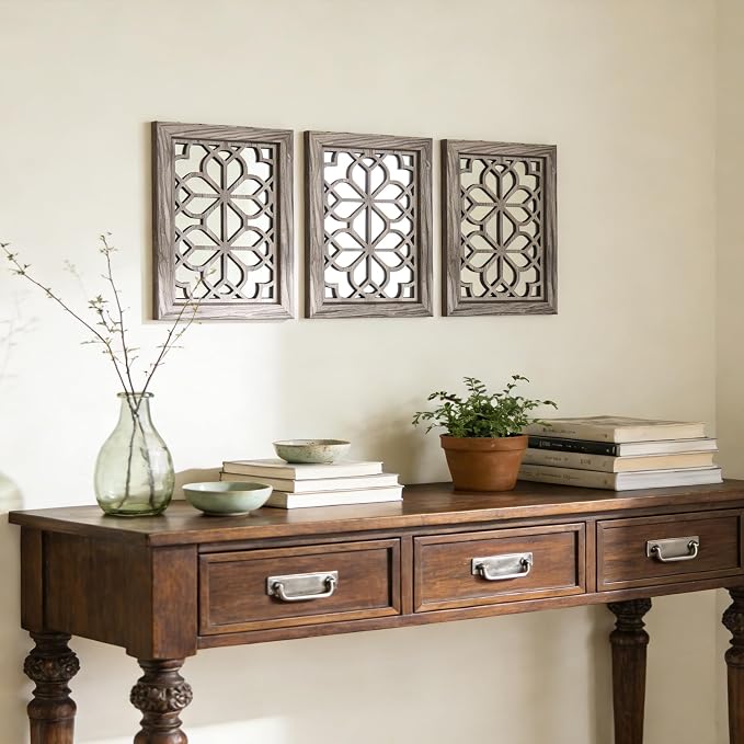 Set of 2 11x15 Inch Rectangular Shatterproof Brown Decorative Wall Mirrors, Boho Farmhouse Rustic Vintage Accent Mirrors for Living Room Bedroom Entryway & Home Decor