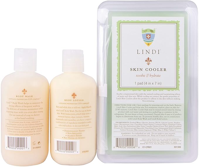 LINDI SKIN Soothing Body Treatment Trio - Includes Body Wash, Body Lotion, and Cooler Pad - Relieves Painful Effects of Radiation Burn - Dermatologist & Allergy Tested Skin Care Products