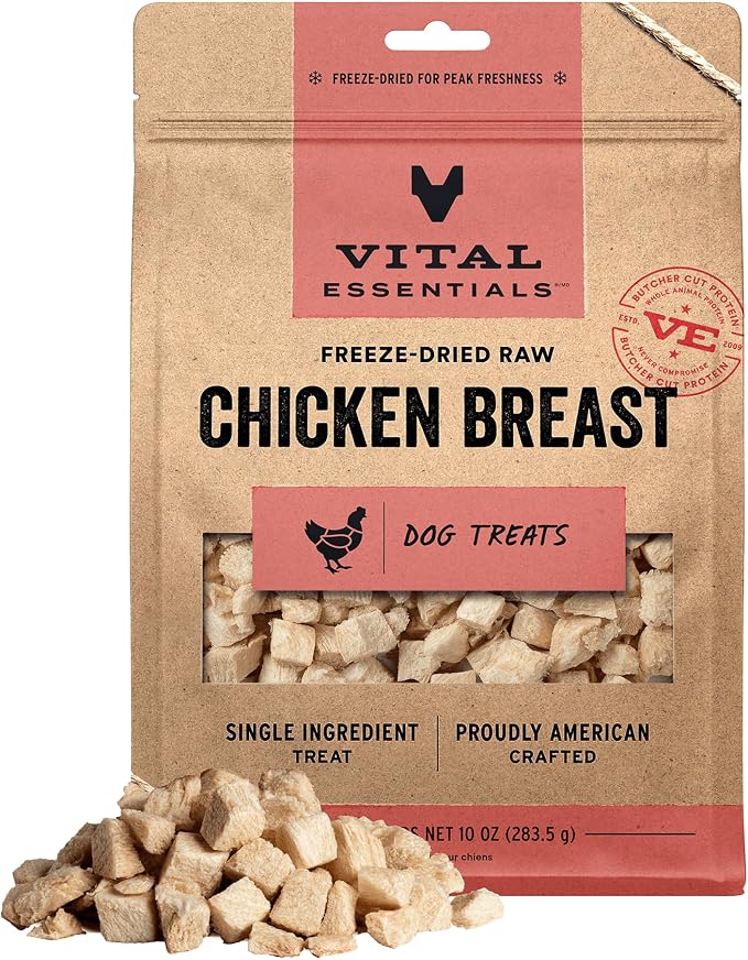 Vital Essentials Freeze Dried Dog Treats, Chicken Breast, 10 oz Bag | Single Ingredient, Premium Quality Protein, Grain-Free Training Treats, USA Made with U.S. & Globally Sourced Ingredients