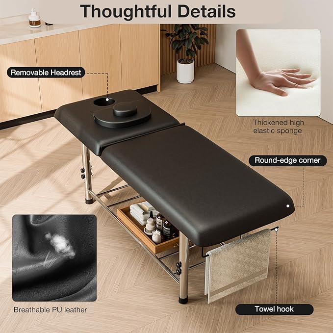 SyyBhb Professional Stationary Massage Table Height Adjustable, 550lbs Heavy Duty Wide Exam Bed for Treatment Physical Therapy, Black