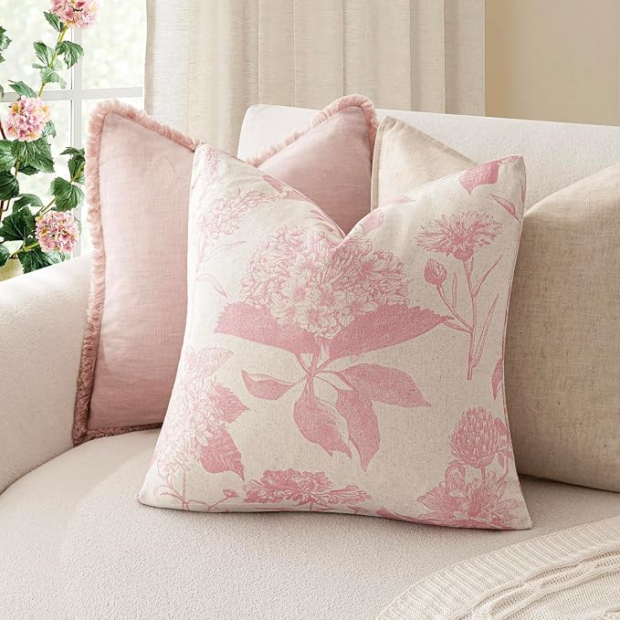 Foindtower Set of 2 Linen Floral Throw Pillow Covers Neutral Vintage Print Decorative Cozy Cushion Covers Farmhouse Boho Home Decor for Sofa Chair Couch Bedroom Living Room,22×22 Inch,Light Pink