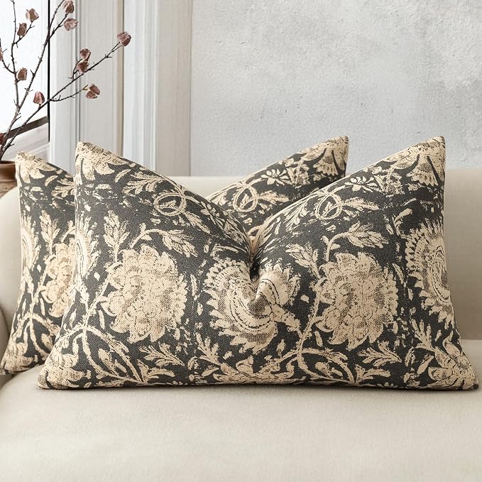 Vintage Floral Print Throw Pillow Covers 12x20 Set of 2 Neutral Modern Farmhouse Pillow Cases Accent Decorative Cushion Covers Boho Home Decor for Couch Sofa Chair Bed Living Room, Black